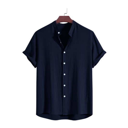 Navy Blue Mandarin Collar Cotton Shirt