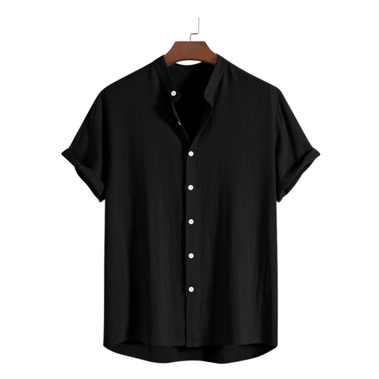 Black Mandarin Collar Cotton Shirt