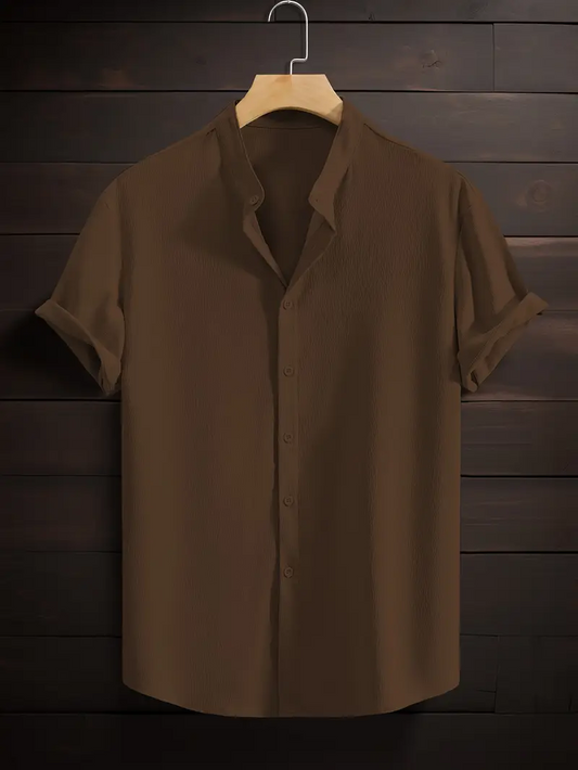 Coffee Band Collar Solid Cotton Shirt