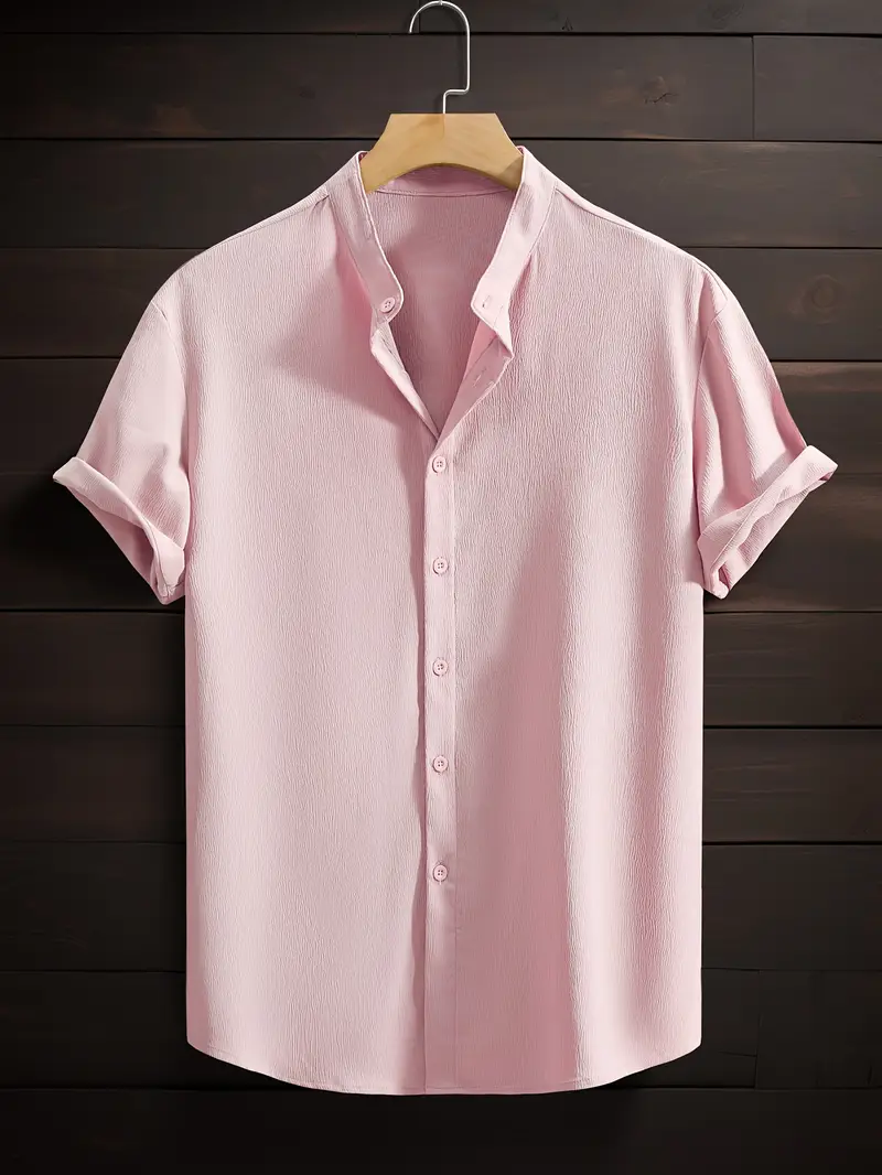 Pink Band Collar Solid Cotton Shirt