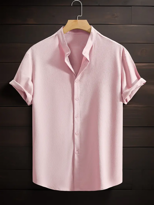 Pink Band Collar Solid Cotton Shirt